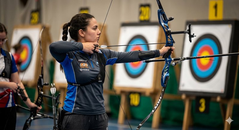 Female archer drawing a blue recurve bow indoors with targets in the background.