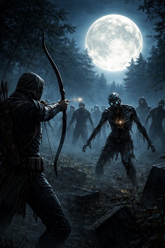 Archer aiming at a group of undead zombies under a full moon in a dark, eerie forest.