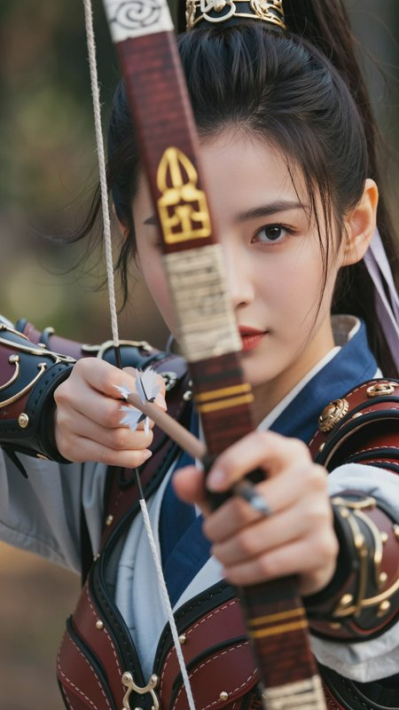 Young woman in ornate armor drawing a bow, focused close-up portrait.