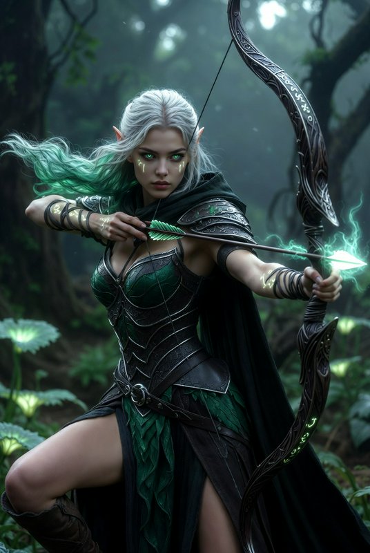 Elf archer in dark armor draws a glowing green arrow in a misty forest.