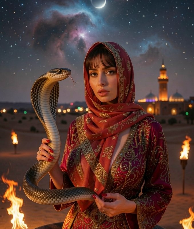 Woman in a red ornate hijab holding a cobra in a desert night scene.