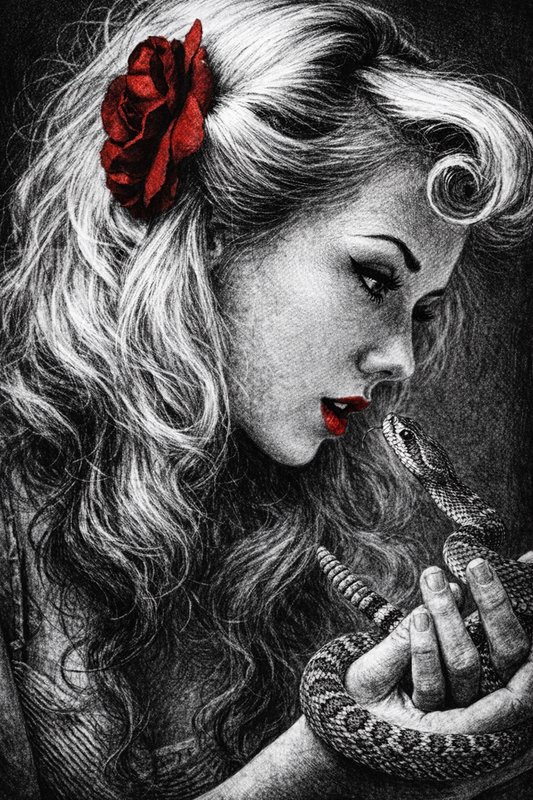 Black-and-white portrait of a woman with red lipstick and a red flower, gently holding a snake.