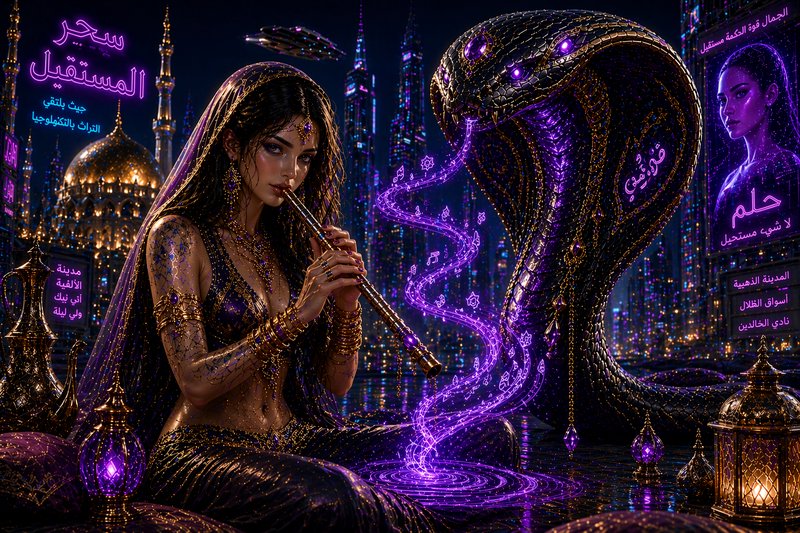 Jeweled woman in purple attire playing a magical pipe beside a glowing purple snake in a neon fan...