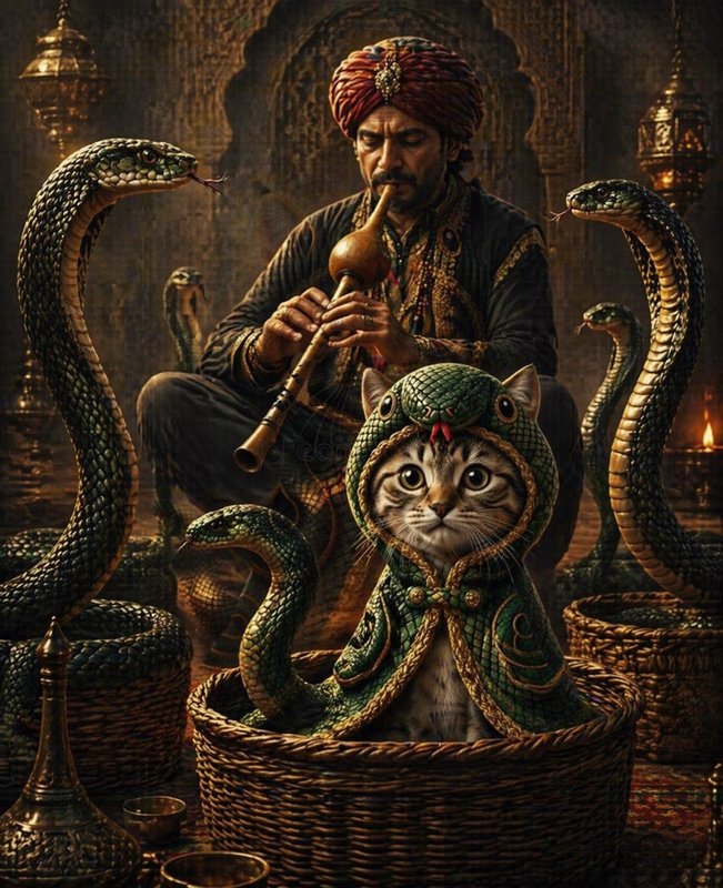 A man in an ornate turban plays a wind instrument while a cat in a cobra hood sits in a basket, surrounded by snakes.