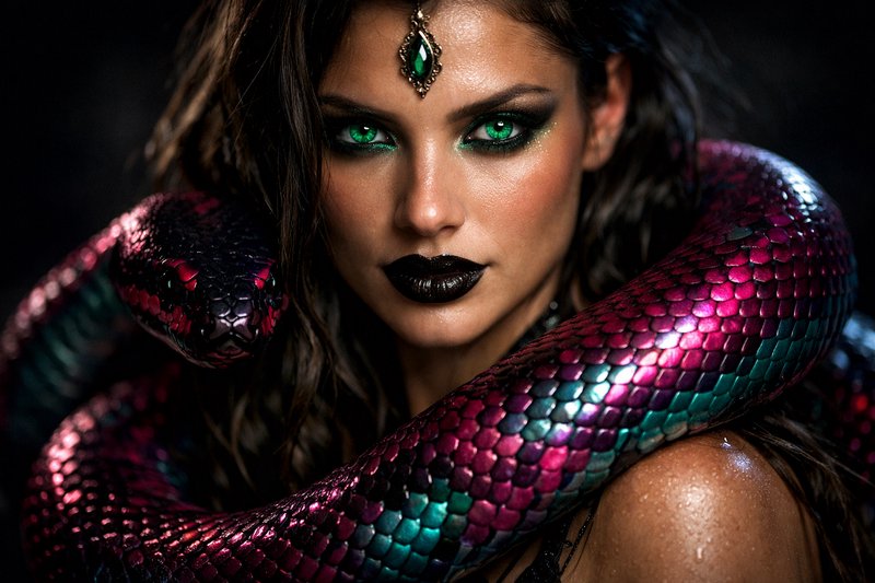 Concise portrait of a woman with emerald eyes and a colorful snake draped over her shoulders.