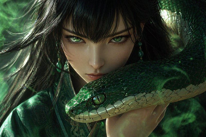 Fantasy woman with green eyes holding an emerald-green snake in a lush forest setting.