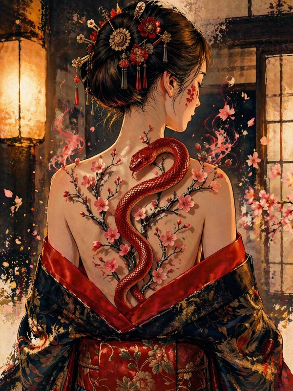 Back view of a woman in a red-embroidered kimono with cherry blossom tattoos and a red snake on her back.