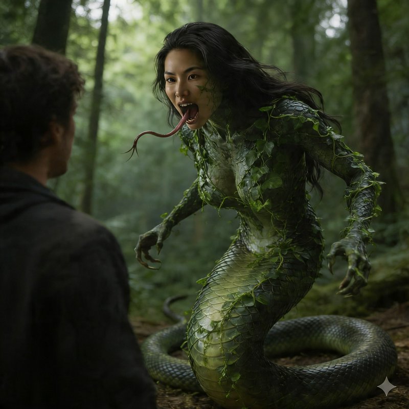 A green forest-dwelling serpentine woman with leaf-covered scales and a coiled tail menacingly to...