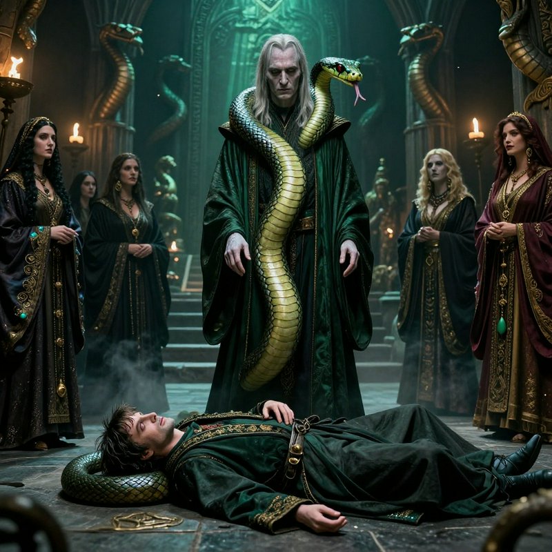 Man lies on a ornate floor while a green-robed sorcerer with a serpent draped around his neck sta...