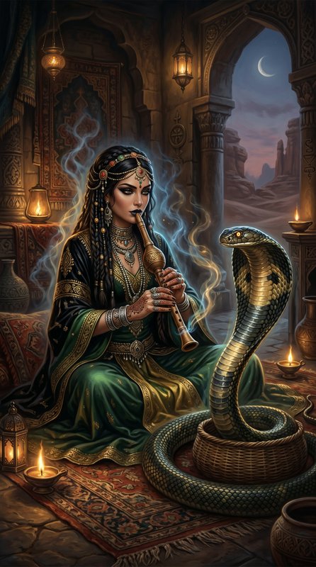 Woman in ornate Indian attire playing a wind instrument beside a cobras in a desert temple at night.
