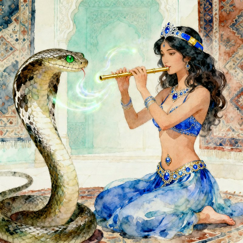 Woman in blue jewelry playing a flute to a cobra in a courtyard setting