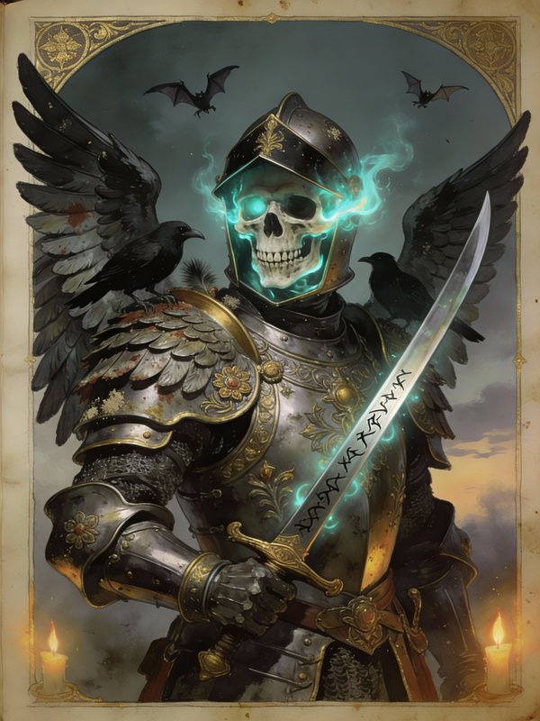 Armored skeletal knight with glowing cyan face and wings, wielding a radiant engraved sword.