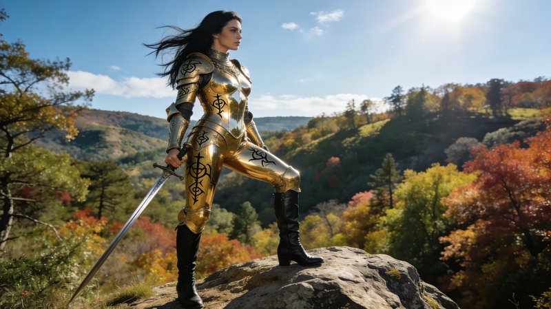 Woman in golden knight armor with sword standing on a rocky overlook amid autumn forest.