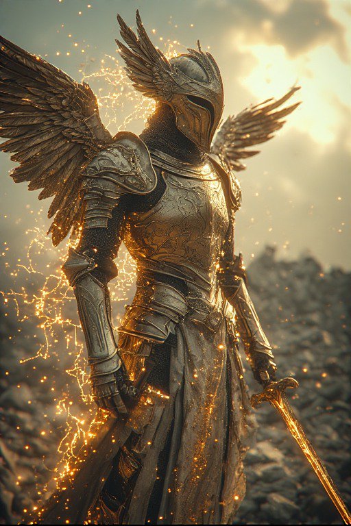 Winged, armored knight in glowing sparks stands on a rocky battlefield.