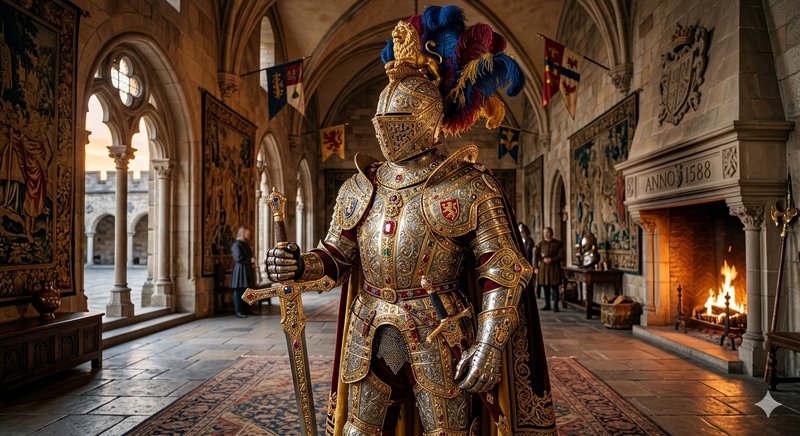 Ornate medieval knight in gilded armor with plume, standing in a stone hall.