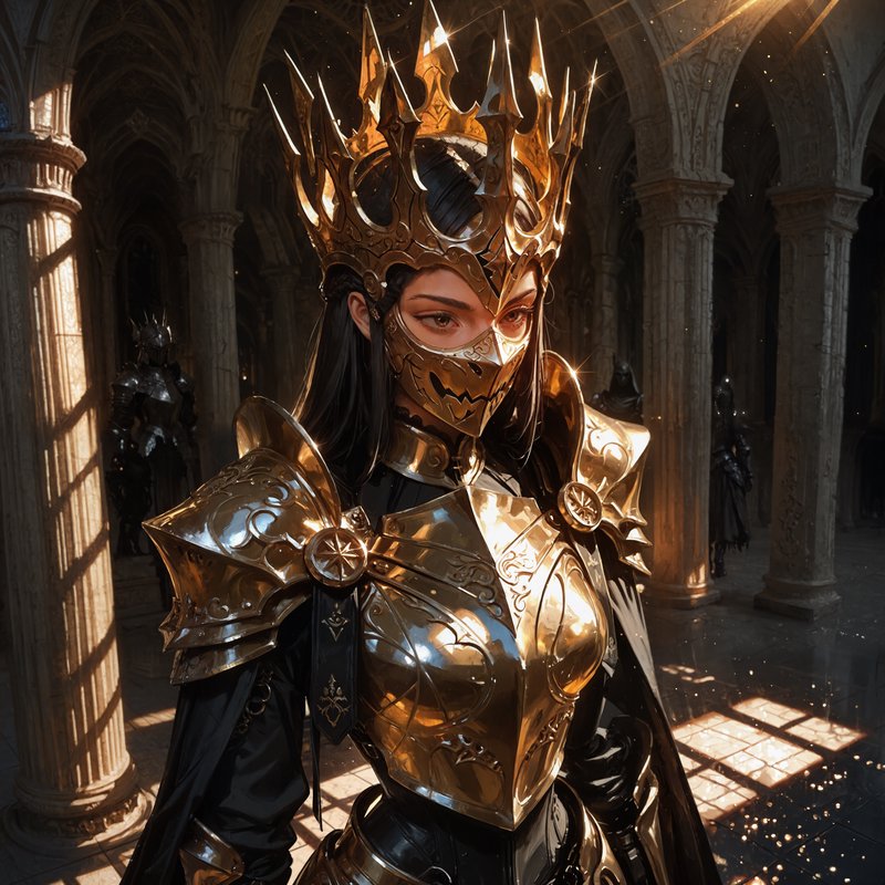 Woman in ornate gold fantasy armor with crown and mask in a gothic hall.