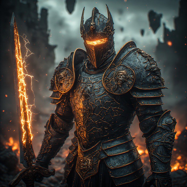 Dark fantasy knight in cracked armor with a glowing orange sword amid fiery ruins