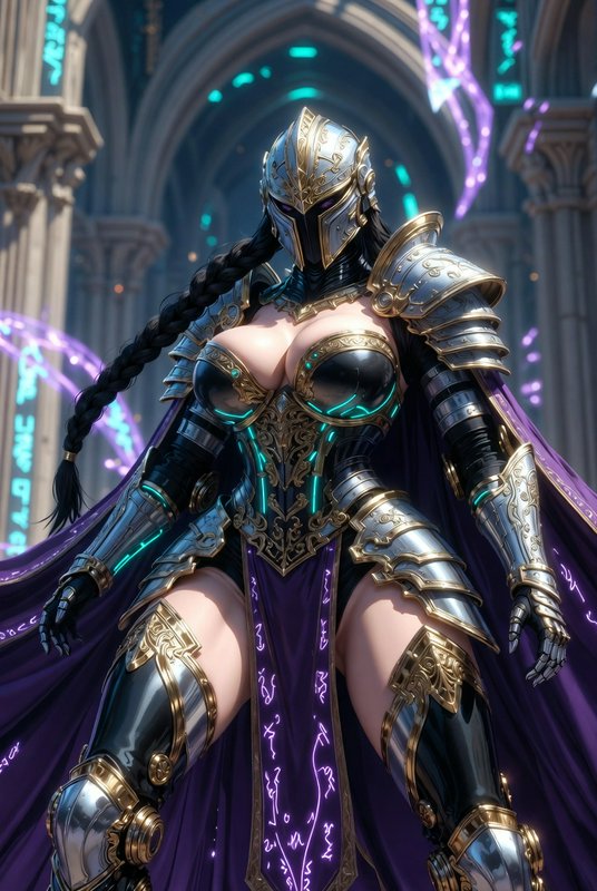 Armored female warrior in ornate gold-silver armor with a long braided hair and purple cape.
