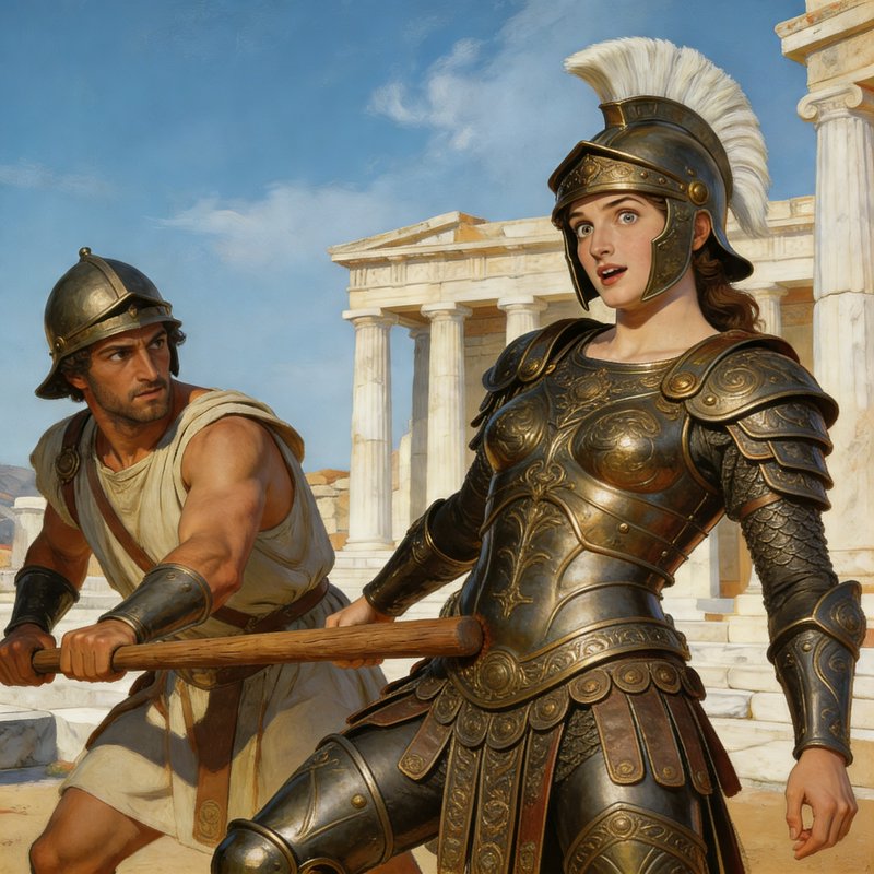 Female warrior in ornate bronze armor with a plume helmet beside a male fighter among ancient ruins.