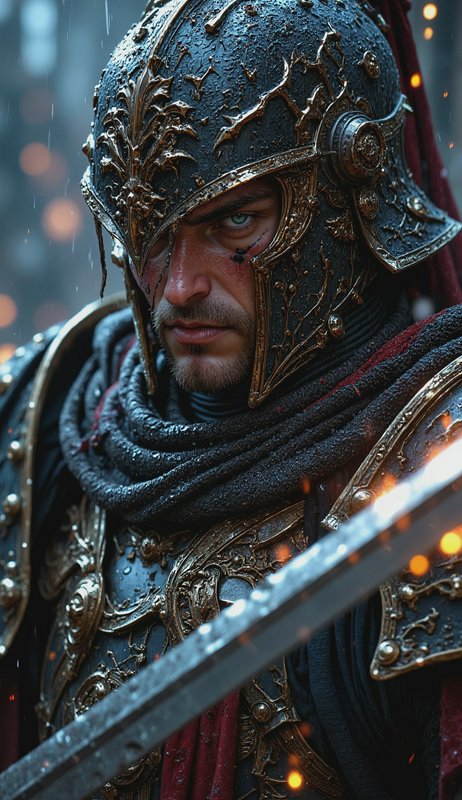 Close-up of a heavily armored knight in an ornate helmet with a sword in a rain-soaked battleground.