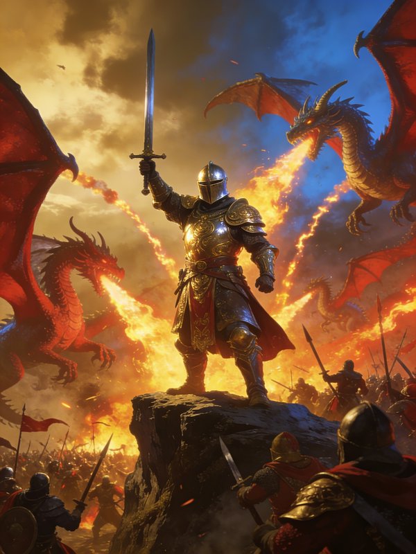 Knight in gleaming armor raises sword atop a rocky outcrop amid dragon-scorched battlefield.