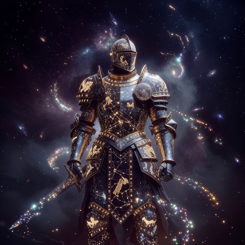 Golden celestial knight in ornate armor amid a starry cosmic background