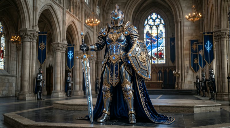 Knight in ornate blue-gold armor with sword and shield inside a grand cathedral-like hall.