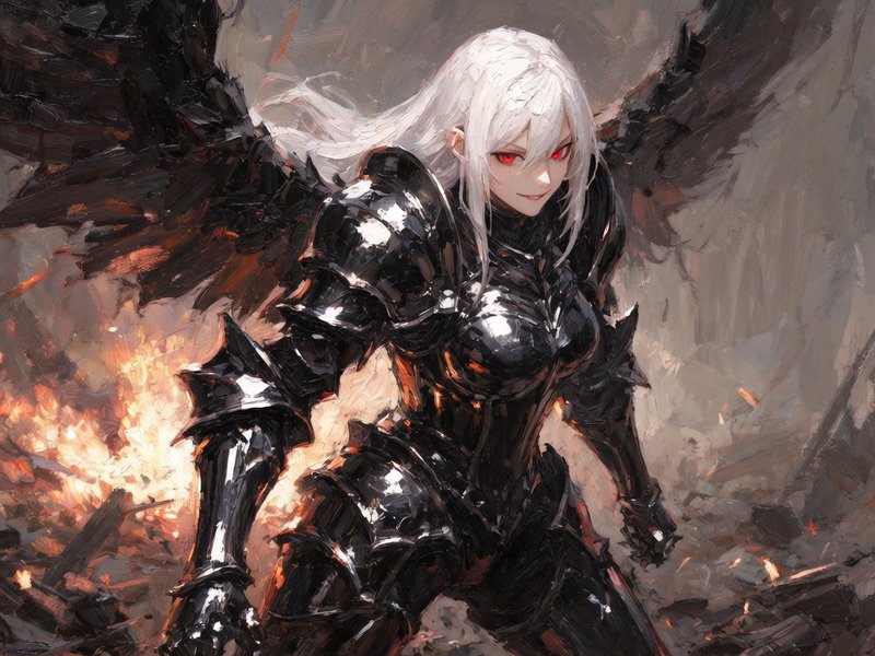 Female armored warrior with white hair and red eyes in black plate armor with wings amid a fiery ...