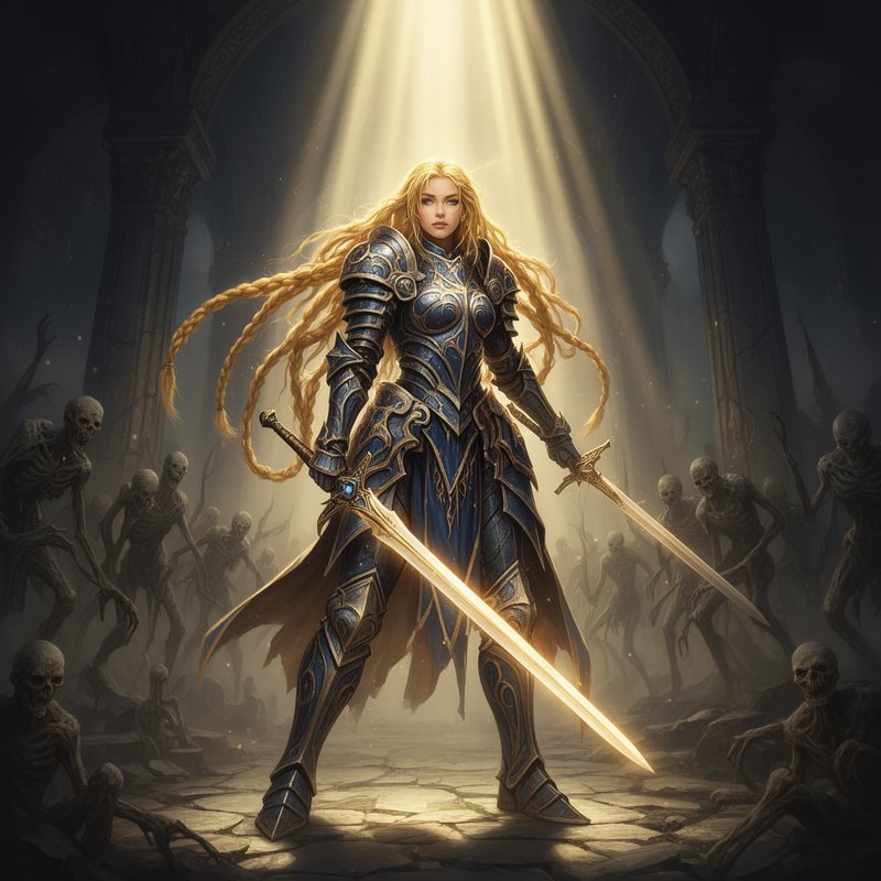 Female armored warrior with glowing twin swords in a dark cathedral surrounded by skeletons.
