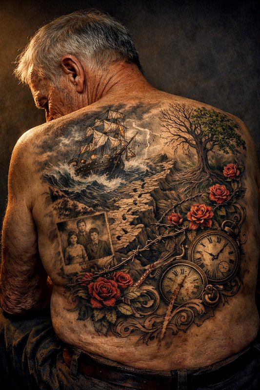 Back tattoo of a stormy seascape with a ship, roses, clocks, and tree around vintage photos on a ...