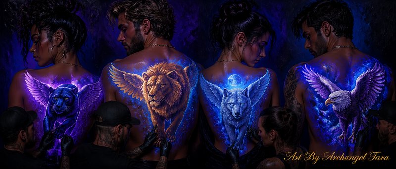 Group of models with UV-reactive back tattoos featuring a lion and winged animals under blue-purple neon glow.