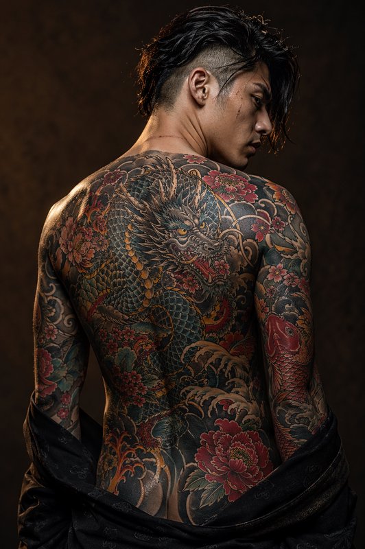 Back view of a tattooed man with a detailed dragon and floral back tattoo.