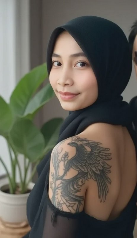 A woman wearing a black hijab shows a detailed winged phoenix tattoo on her shoulder.