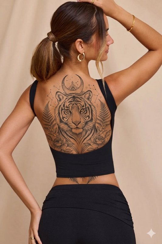 Woman's back view with a large tiger tattoo on the upper back, framed by a crescent moon and flor...