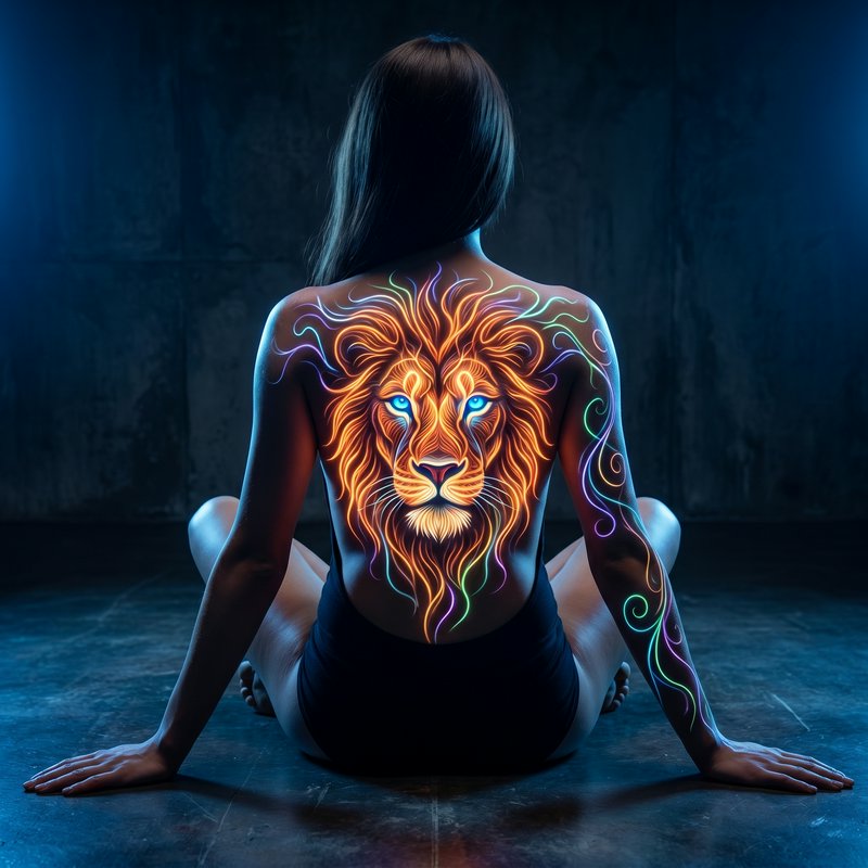Back view of a woman with neon lion body paint on her back and colorful swirling designs on her a...