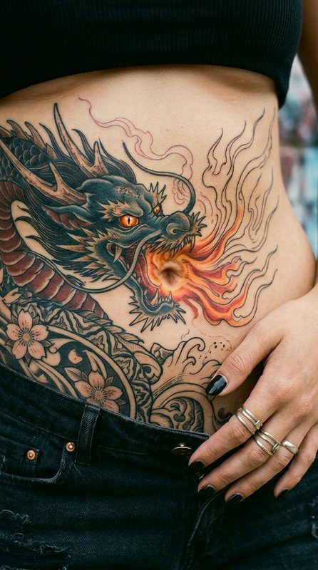 Colorful dragon tattoo on the side torso/ribcage breathing fire with ornate floral patterns.