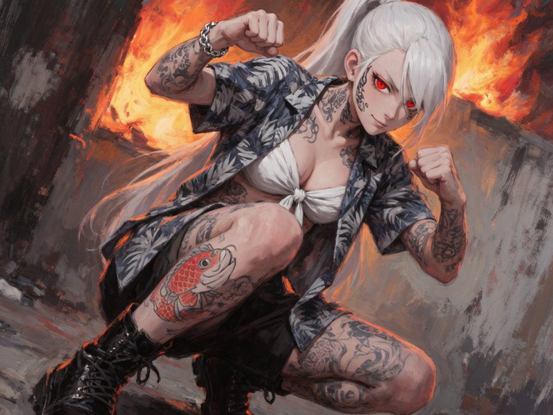 Stylized tattooed anime-style woman with white hair and red eyes in a dynamic fighting pose amid ...