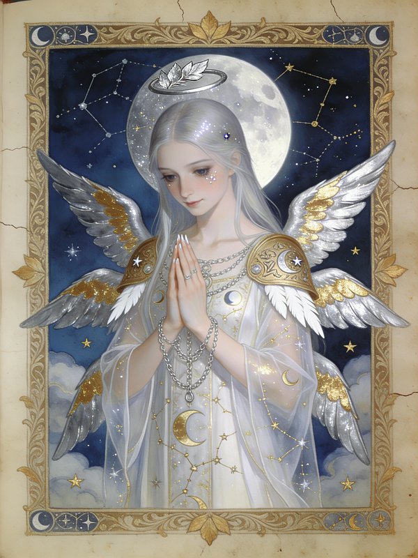 Angelic female with silver wings in prayer, moon halo, celestial night sky.