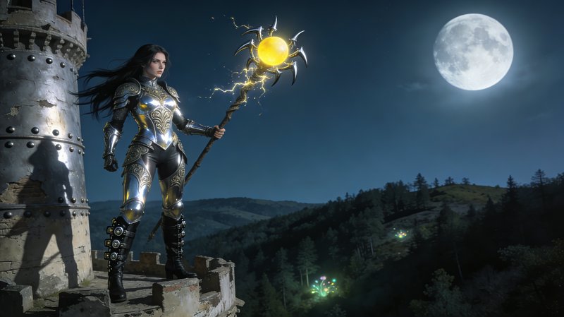 Armored female warrior on a castle ledge at night, wielding a glowing sun-staff beneath a full moon.