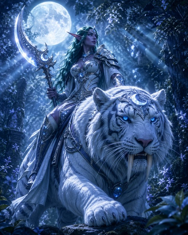 Moonlit fantasy elf warrior riding a regal white tiger with ornate armor and glowing crescent spear.