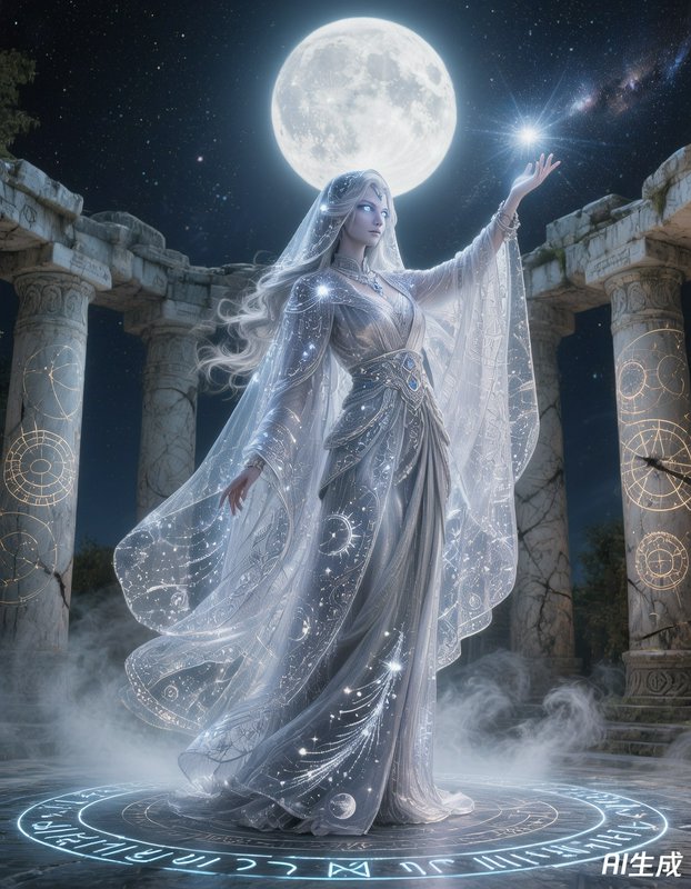 Ethereal woman in a shimmering silver gown under a full moon amidst ancient stone ruins.
