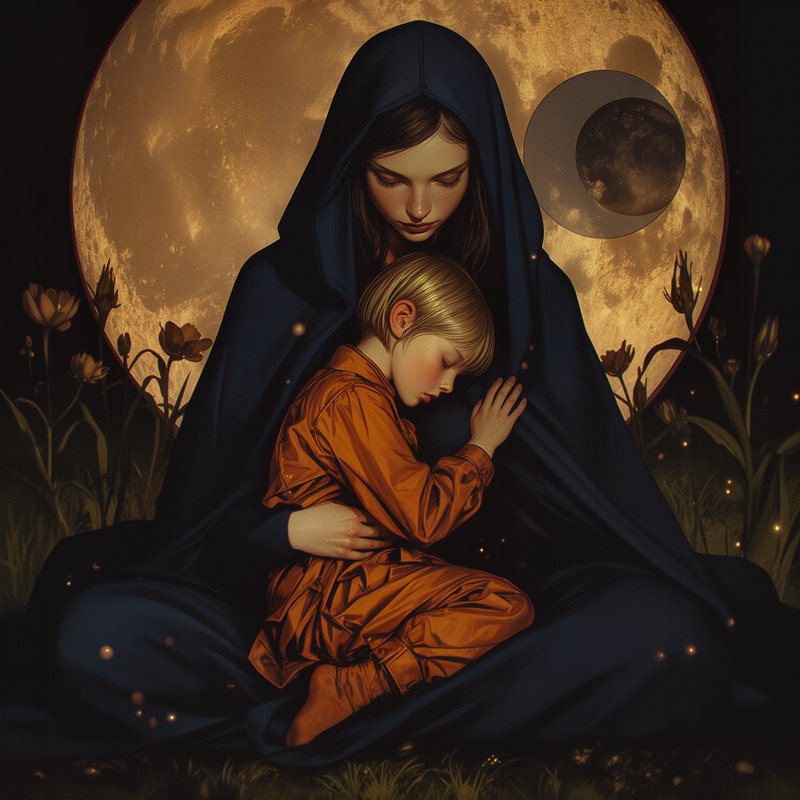 Mother in a dark blue cloak cradles a child in orange robes under a large glowing moon