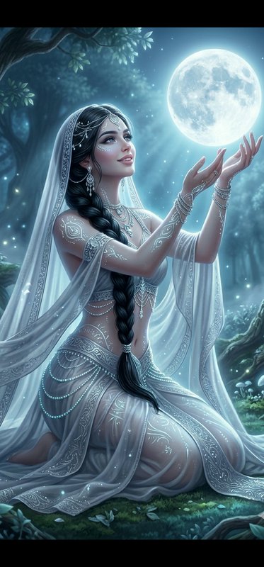 Moonlit fantasy illustration of a silver-clad woman reaching for a glowing full moon in a forest.