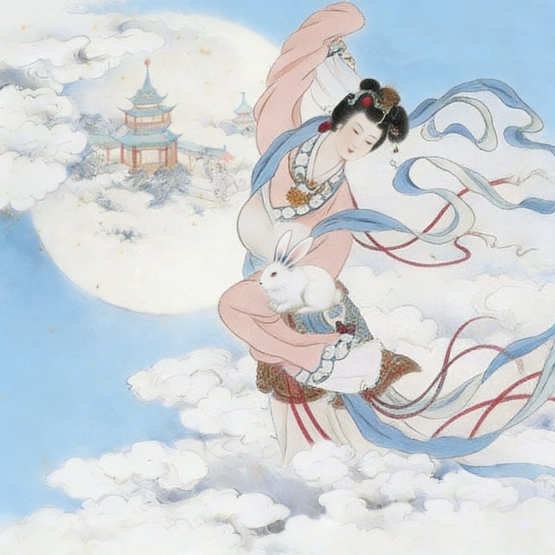 Elegant Chinese celestial woman with flowing ribbons holding a white rabbit among clouds and the ...