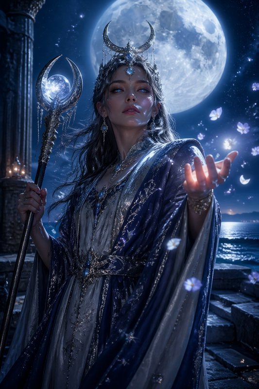 Moon goddess in a jeweled crown with a staff, reaching toward luminous petals under a full moon.