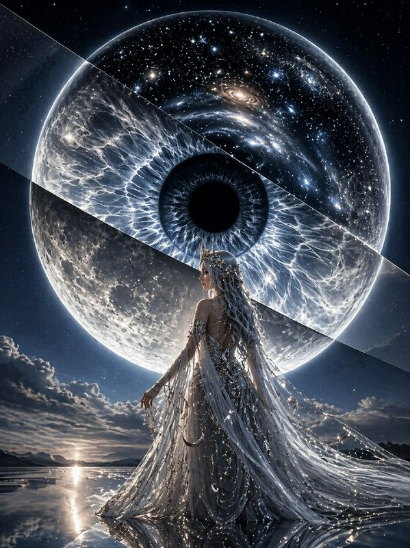 Surreal fantasy scene of a woman in a silver gown standing on water with a giant cosmic eye in th...