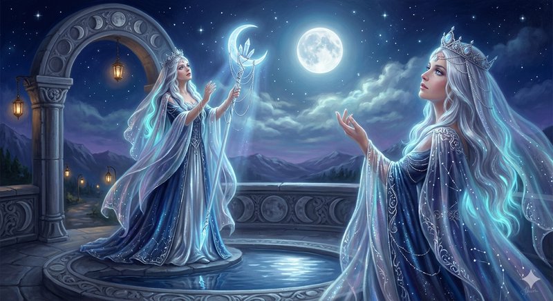 Two ethereal ice queens on a moonlit terrace casting magical spells under a full moon.