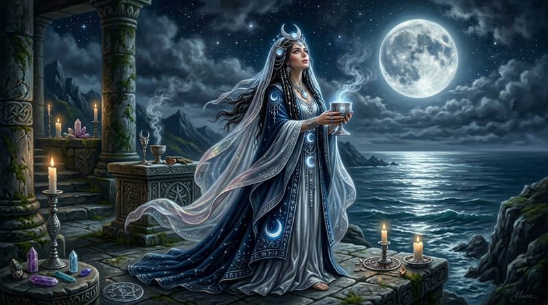 Moonlit fantasy goddess in blue robes standing on a stone platform by the sea, holding a chalice ...