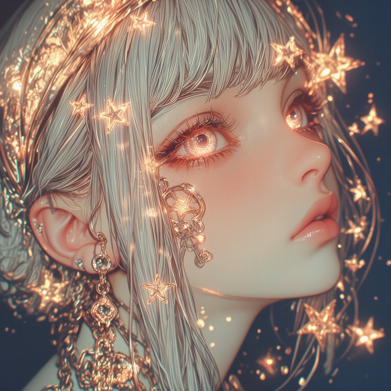 Close-up portrait of a girl with silver hair, star light accents, and ornate jewelry.