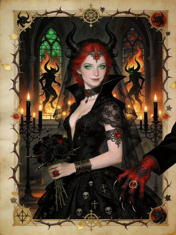 Gothic vampire queen with horns in a black lace dress, green eyes, and black rose bouquet in a ca...